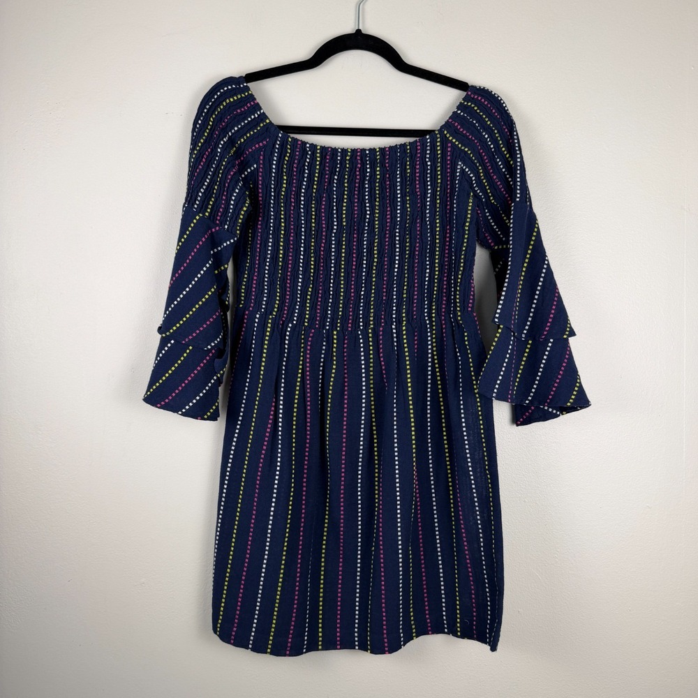 Mud Pie Mini Dress Women's Small Blue Striped Cotton Smocked Ruffled Sleeve